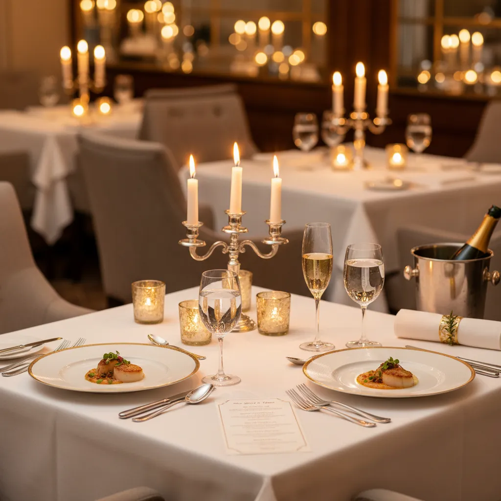 Elegant candlelit prix-fixe dinner setting for New Year's Eve