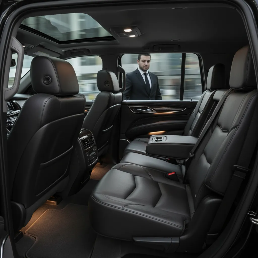 Luxury SUV interior with spacious leather backseat and ambient lighting