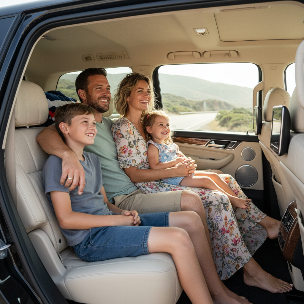 Happy family enjoying a comfortable ride in a luxury SUV