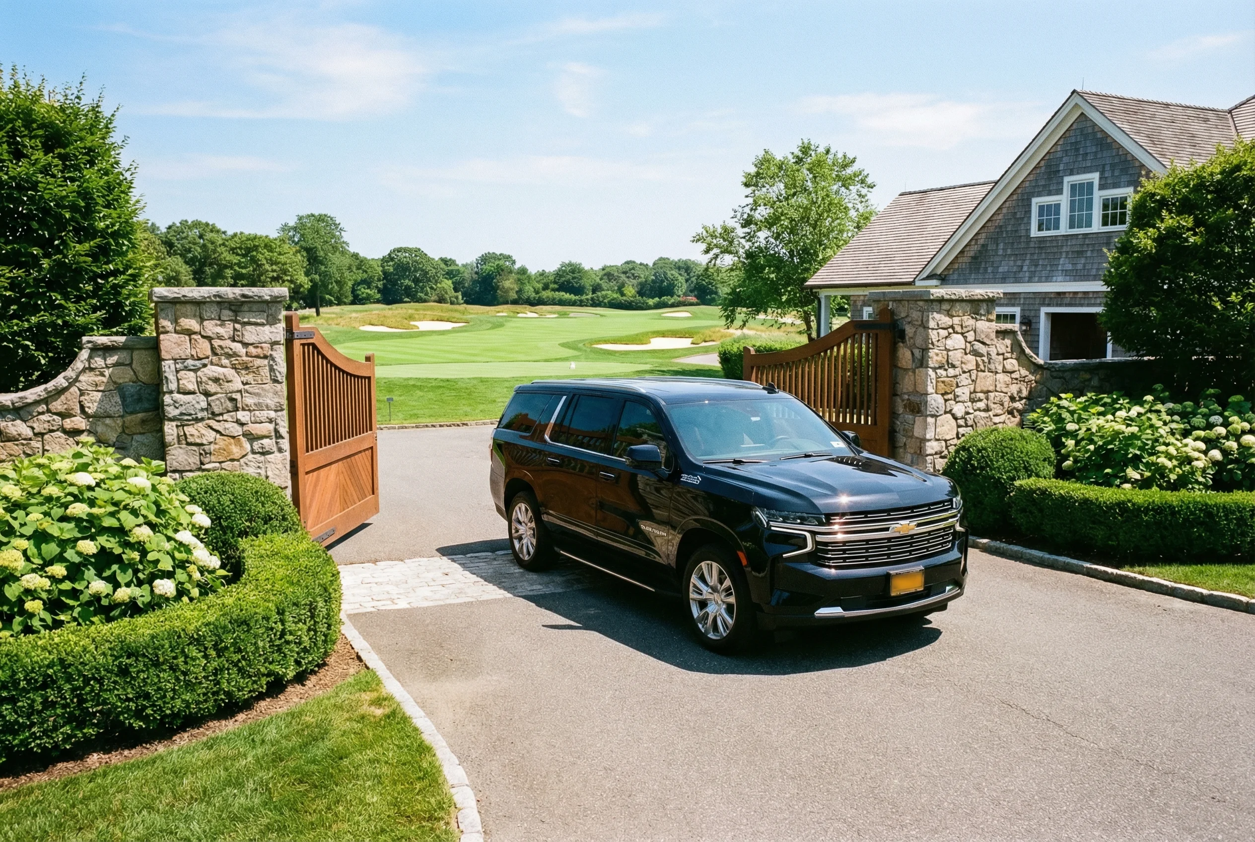 Chevrolet Suburban at a Hamptons golf club entrance