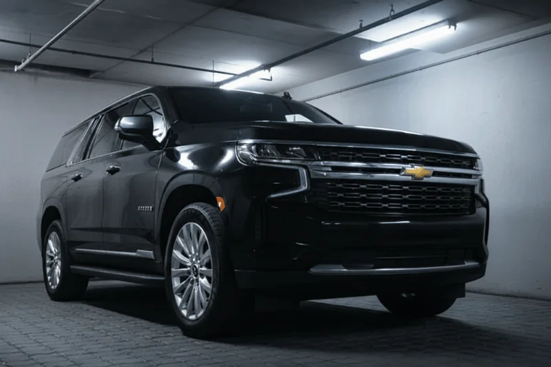 Black Chevrolet Suburban luxury SUV parked outside a Hamptons estate