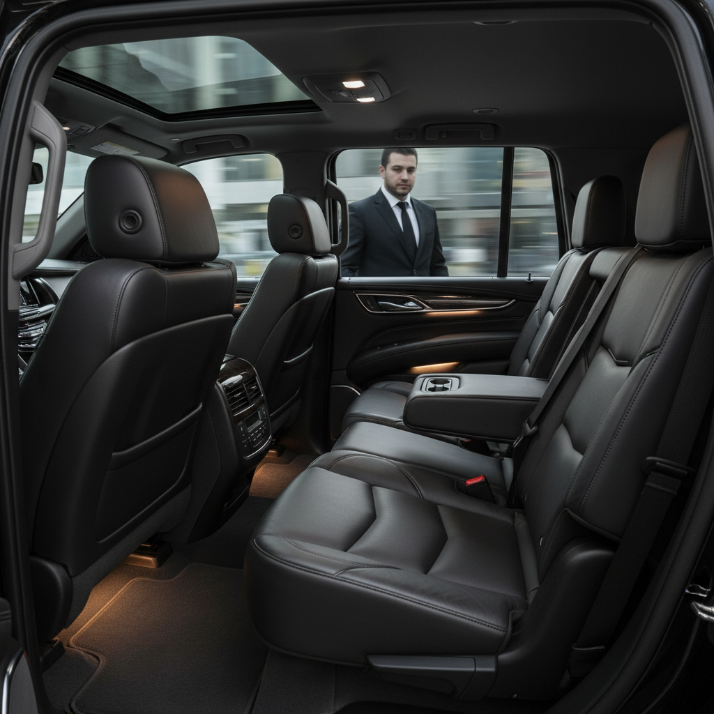 Luxury SUV interior with spacious leather backseat and ambient lighting