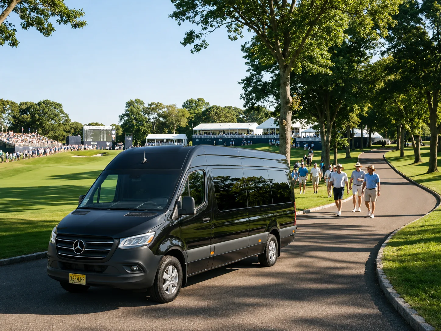 Black Mercedes-Benz Sprinter shuttle van at a golf championship as spectators walk in